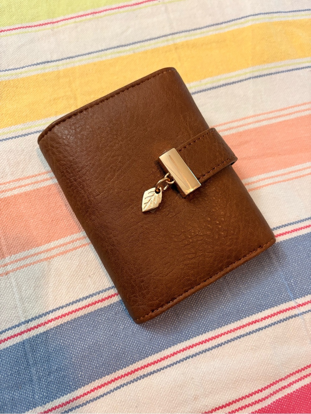 Vintage Brown Leather Card Holder with Gold Leaf Charm